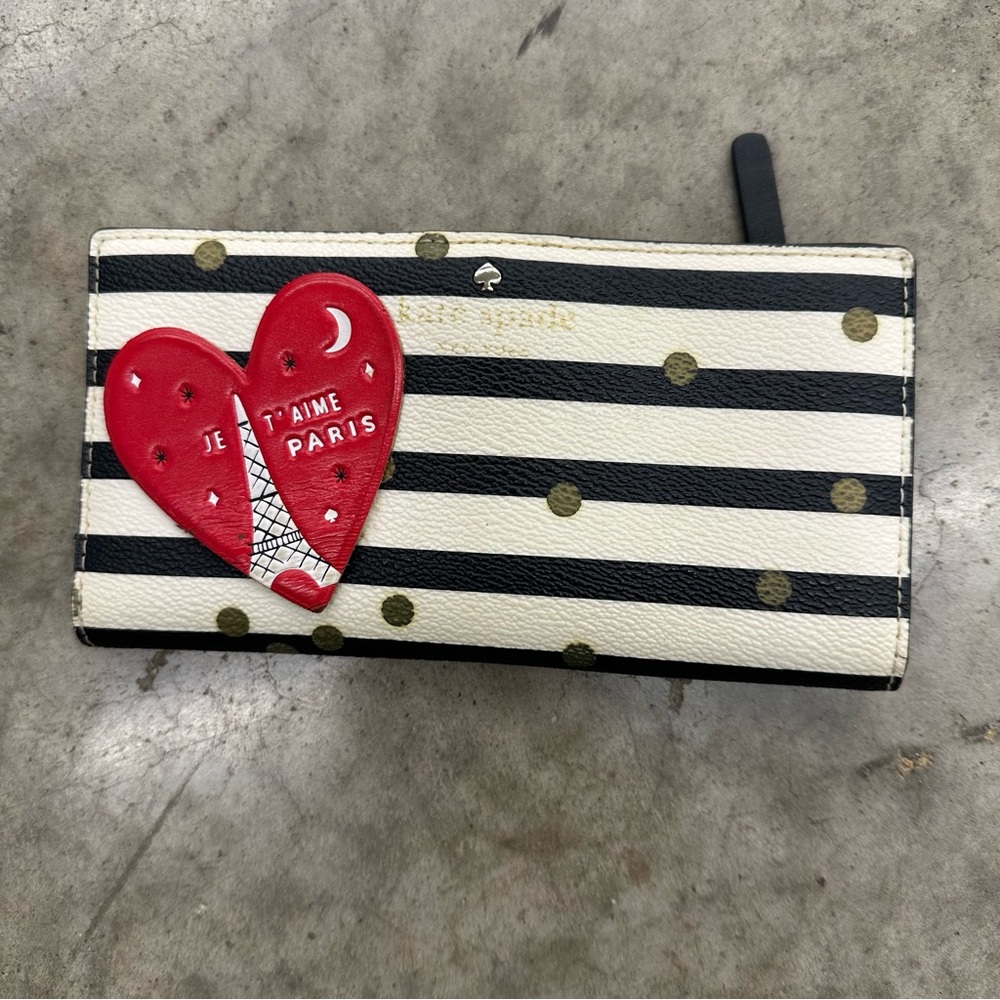 Kate Spade Black and White Striped Wallet with Red Heart